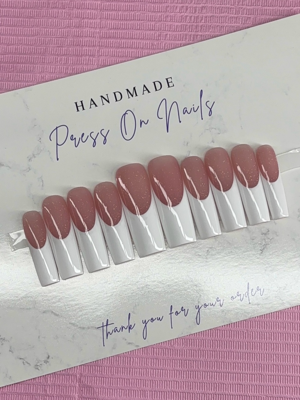 Extra long square press on nails white French tips glitter nude base handmade